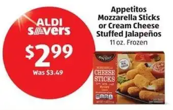 Aldi Appetitos Mozzarella Sticks or Cream Cheese Stuffed Jalapeños offer