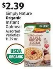 Aldi Simply Nature Organic Instant Oatmeal offer