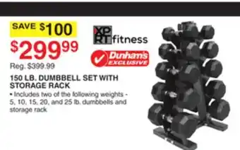 Dunham's Sports 150 lb. dumbbell set with storage rack offer