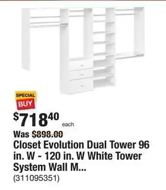 The Home Depot Closet evolution dual tower 96 in. w - 120 in. w white tower system wall mount 14-shelf wood closet system offer