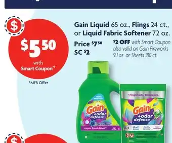 Family Dollar Gain liquid 65 oz., flings 24 ct., or liquid fabric softener 72 oz offer