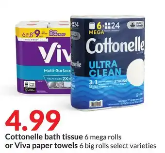Hy-Vee Cottonelle bath tissue 6 mega rolls or viva paper towels 6 big rolls offer