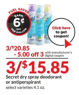 Hy-Vee Secret dry spray deodorant or antiperspirant offer