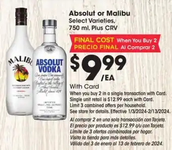 Ralphs Absolut or malibu offer