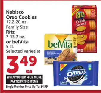 Vons Nabisco oreo cookies 12.2-20 oz. family size ritz 7-13.7 oz. or belvita 5 ct offer