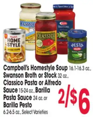 Jewel-Osco Campbell's homestyle soup 16.1-16.3 oz., swanson broth or stock 32 oz., classico pasta or alfredo sauce 15-24 oz., barilla pa offer