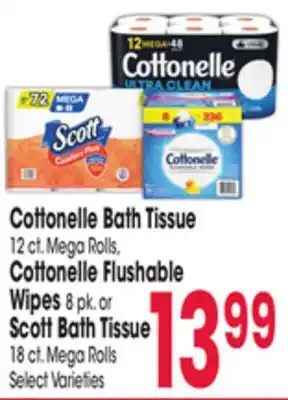 Jewel-Osco Cottonelle bath tissue 12 ct. mega rolls, cottonelle flushable wipes 8 pk. or scott bath tissue 18 ct. mega rolls offer