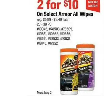 AutoZone On Select Armor All Wipes offer