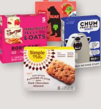 Heinen's Simple mills breakfast bars 5 ct., bob's red mill peanut butter bars 5 ct., bear fruit rolls 5 ct. or chum fruit bites 4 ct offer