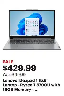 Best Buy Lenovo ideapad 1 15.6 laptop - ryzen 7 5700u with 16gb memory - amd radeon graphics - 512gb ssd - cloud gray offer
