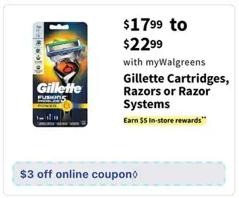 Walgreens Gillette cartridges, razors or razor systems offer
