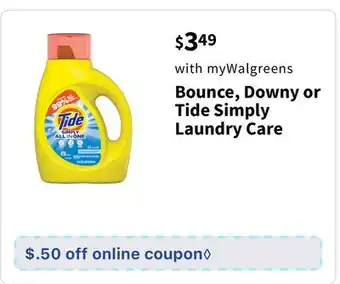 Walgreens Bounce, downy or tide simply laundry care offer