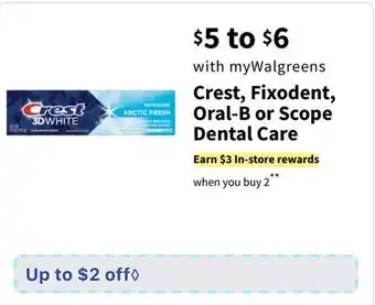 Walgreens Crest, fixodent, oral-b or scope dental care offer