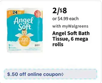 Walgreens Angel soft bath tissue, 6 mega rolls offer