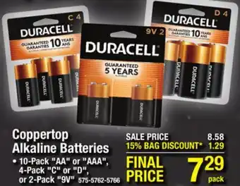 Menards Duracell coppertop alkaline batteries 10-pack aa or aaa, 4-pack c or d, or 2-pack 9v offer