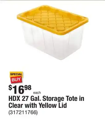 The Home Depot Hdx 27 gal. storage tote in clear with yellow lid offer