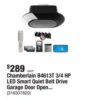 The Home Depot Chamberlain b4613t 3/4 hp led smart quiet belt drive garage door opener with battery backup offer