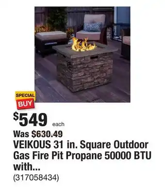 The Home Depot Veikous 31 in. square outdoor gas fire pit propane 50000 btu with lid and cover, free lava rocks offer