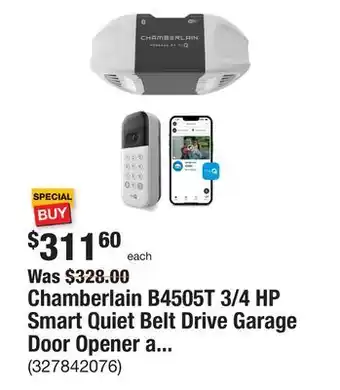 The Home Depot Chamberlain b4505t 3/4 hp smart quiet belt drive garage door opener and myq video keypad offer