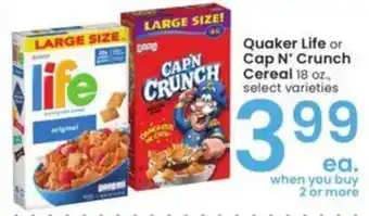 Albertsons Quaker Life or Cap N' Crunch Cereal 18 oz. offer