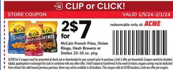 ACME Mccain french fries, onion rings, hash browns or smiles offer