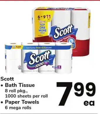 ACME Scott • bath tissue 8 roll pkg., 1000 sheets per roll • paper towels 6 mega rolls offer