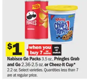 Meijer Nabisco go packs 3.5 oz., pringles grab and go 2.36-2.5 oz. or cheez-it cup* 2.2 oz offer