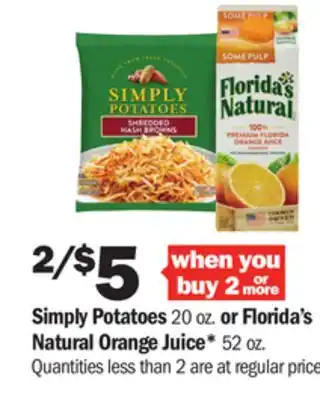 Meijer Simply potatoes 20 oz. or florida's natural orange juice* 52 oz offer