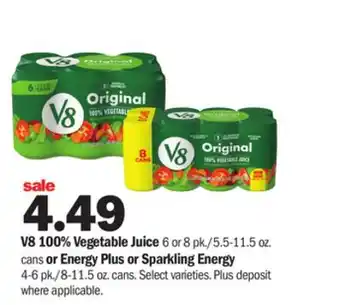 Meijer V8 100% vegetable juice 6 or 8 pk./5.5-11.5 oz. cans or energy plus or sparkling energy 4-6 pk./8-11.5 oz. cans offer