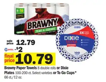 Meijer Brawny paper towels 8 double rolls or dixie plates 100-200 ct. select varieties or to go cups* 66 ct./12 oz offer
