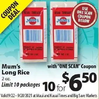 Times Supermarkets Mum's Long Rice 2 oz offer