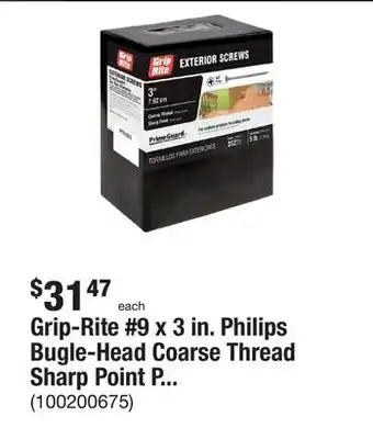 The Home Depot Grip-rite #9 x 3 in. philips bugle-head coarse thread sharp point polymer coated exterior screw (5 lbs.-pack) offer