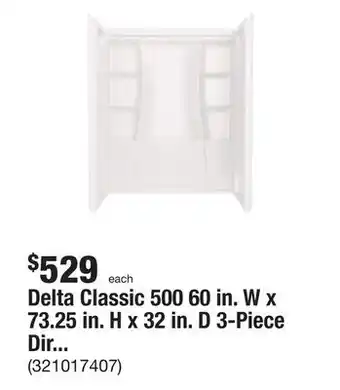 The Home Depot Delta classic 500 60 in. w x 73.25 in. h x 32 in. d 3-piece direct-to-stud alcove shower surrounds in high gloss white offer