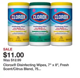Office Depot Clorox disinfecting wipes, 7 x 8, fresh scent/citrus blend, 75 wipes per canister, pack of 3 canisters offer