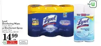 Pavilions Lysol disinfecting wipes 3 pack, 80 ct. or disinfectant spray 2 pack, 19 oz offer