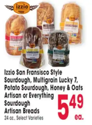 Jewel-Osco Izzio san fransisco style sourdough, multigrain lucky 7, potato sourdough, honey & oats artisan or everything sourdough artis offer