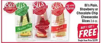 Jewel-Osco Eli's plain, strawberry or chocolate chip cheesecake slices offer