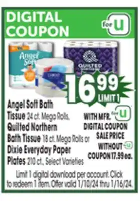 Jewel-Osco Angel soft bath tissue 24 ct. mega rolls, quilted northern bath tissue 18 ct. mega rolls or dixie everyday paper plates 210 c offer
