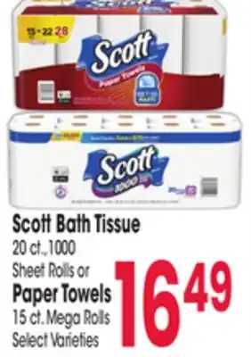 Jewel-Osco Scott bath tissue 20 ct., 1000 sheet rolls or paper towels 15 ct. mega rolls offer