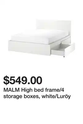 Ikea Malm high bed frame/4 storage boxes, white/luröy offer