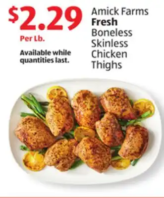 Aldi Amick farms fresh boneless skinless chicken thighs offer