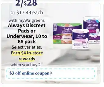 Walgreens Always discreet pads or underwear, 10 to 66 pack offer