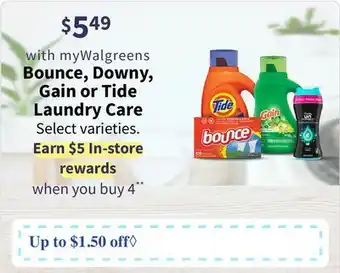 Walgreens Bounce, downy, gain or tide laundry care offer
