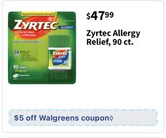 Walgreens Zyrtec allergy relief, 90 ct offer