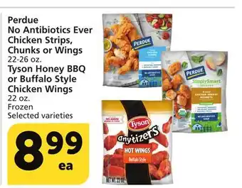 Albertsons Perdue no antibiotics ever chicken strips, chunks or wings 22-26 oz. tyson honey bbq or buffalo style chicken wings 22 oz offer