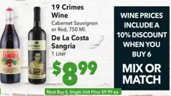 Vallarta Supermarkets 19 crimes wine cabernet sauvignon or red, 750 ml. de la costa sangria 1 liter offer