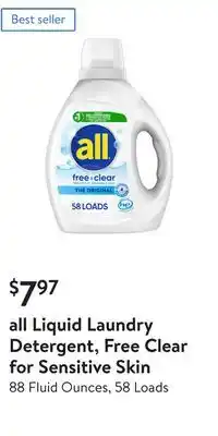 Walmart All liquid laundry detergent, free clear for sensitive skin offer