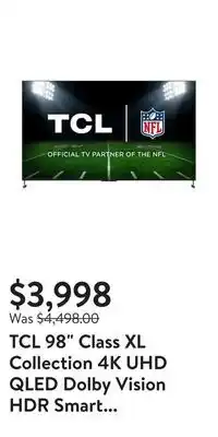 Walmart Tcl 98 class xl collection 4k uhd qled dolby vision hdr smart google tv, 98r754 offer