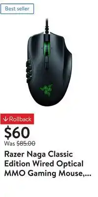 Walmart Razer naga classic edition wired optical mmo gaming mouse, 12-buttons, chroma rgb, black offer