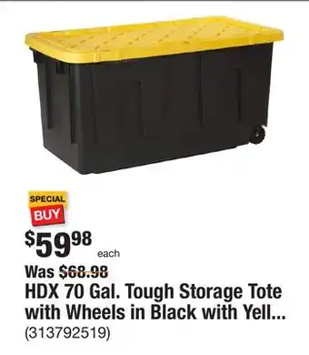 The Home Depot Hdx 70 gal. tough storage tote with wheels in black with yellow lid offer
